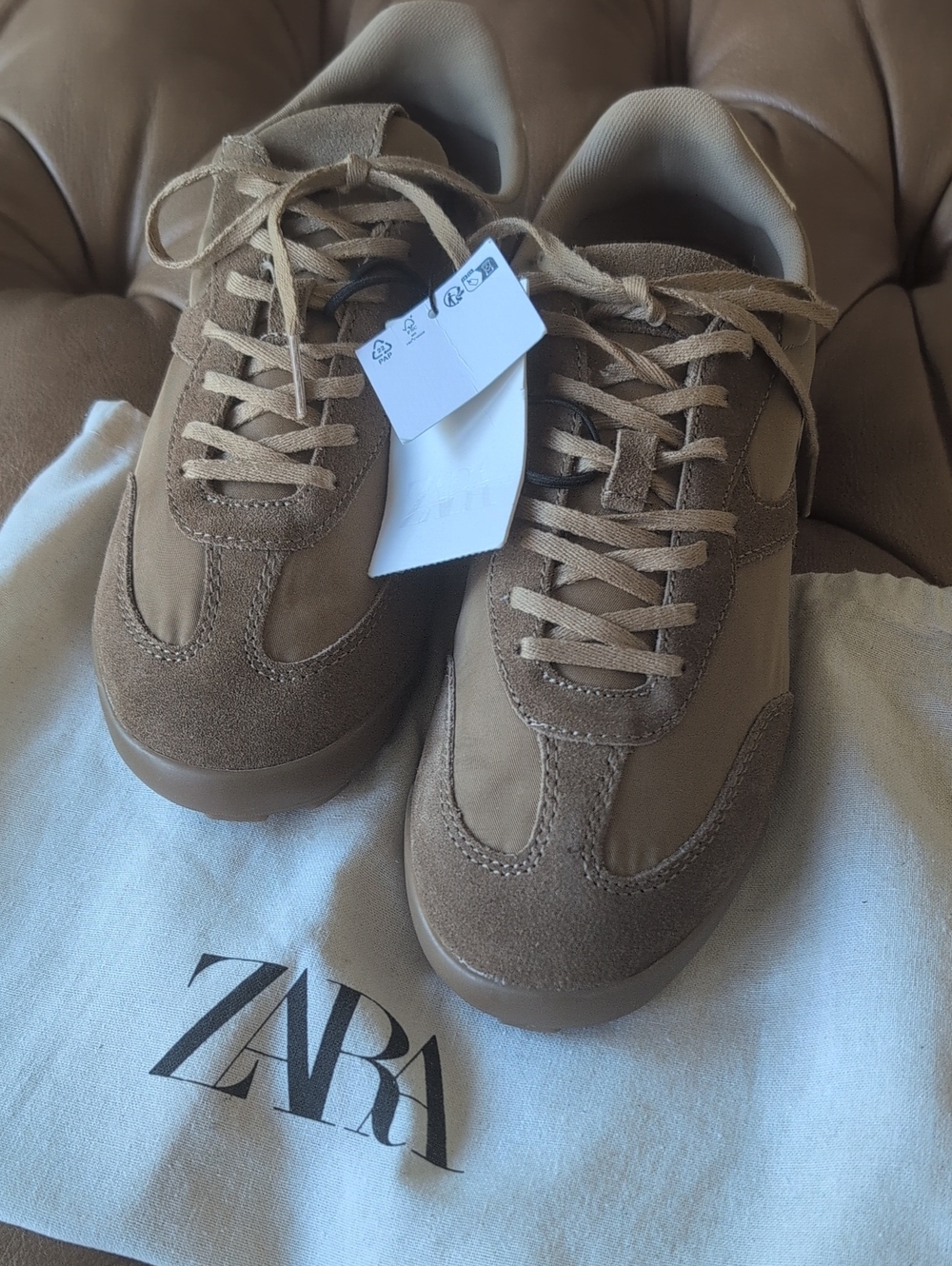 ZARA NWT Women's Retro Slim Low Profile Taupe Suede & Nylon Sneakers